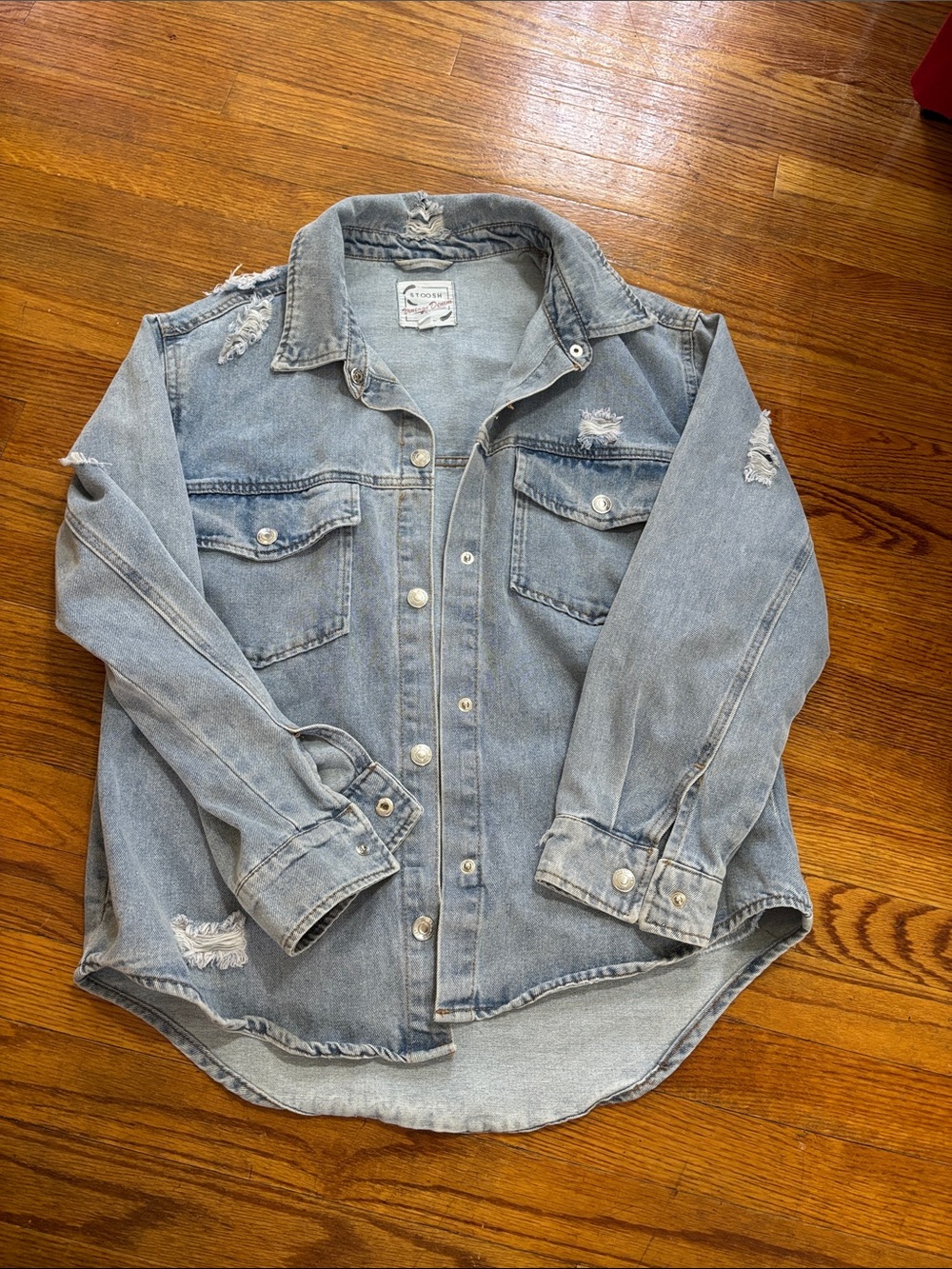 Light Wash Distressed Denim Button-Up jacket